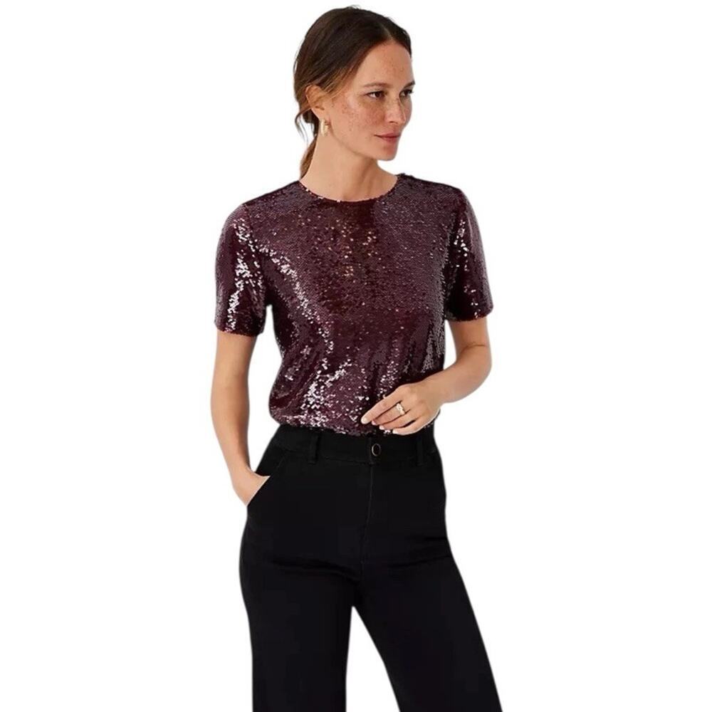 Ann Taylor Sequin Top Women Size S Ox Blood Red‎ Glam Mcbling Party Crew Neck